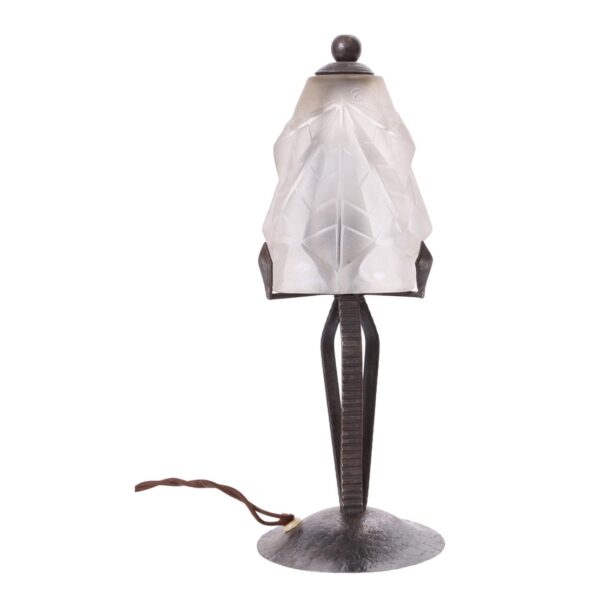 Art Deco Frosted Glass Table Lamp with Sculptural Metal Base, Vintage Style Accent Lamp for Home Decor