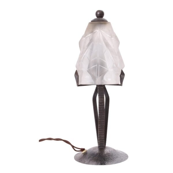 Art Deco Frosted Glass Table Lamp with Sculptural Metal Base, Vintage Style Accent Lamp for Home Decor