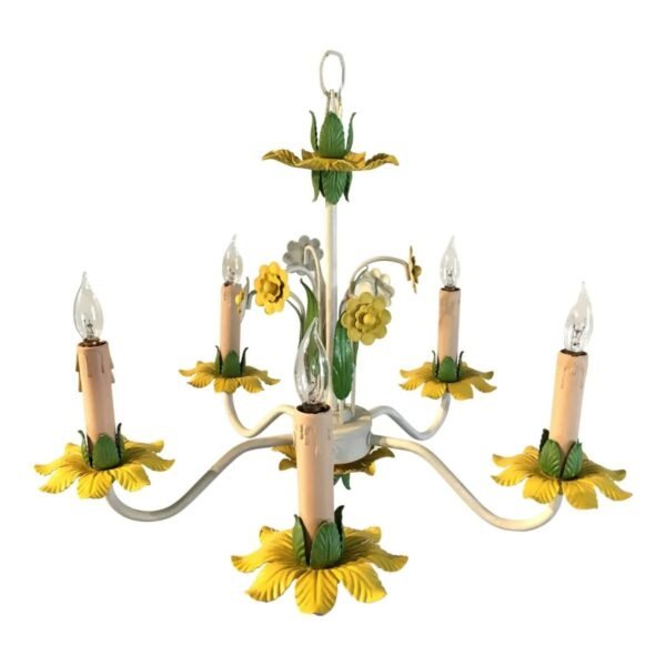 Floral Botanical 5-Light Chandelier, White Metal Hanging Light with Yellow Flower Accents and Green Leaf Details